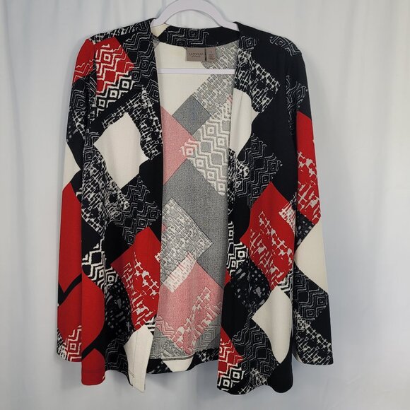 Chico's Easy Wear Knit Jacket Size Medium Black Red & White Geo/Mixed Print - Picture 1 of 12